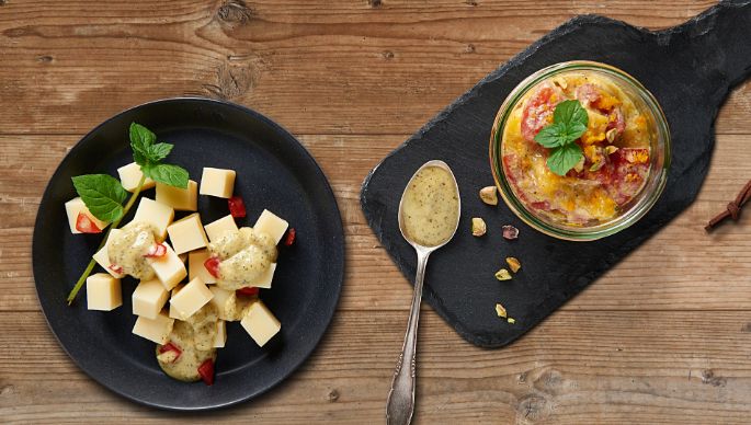 Käsesnack, Käsewürfel mit Tomaten-Mango-Salsa 